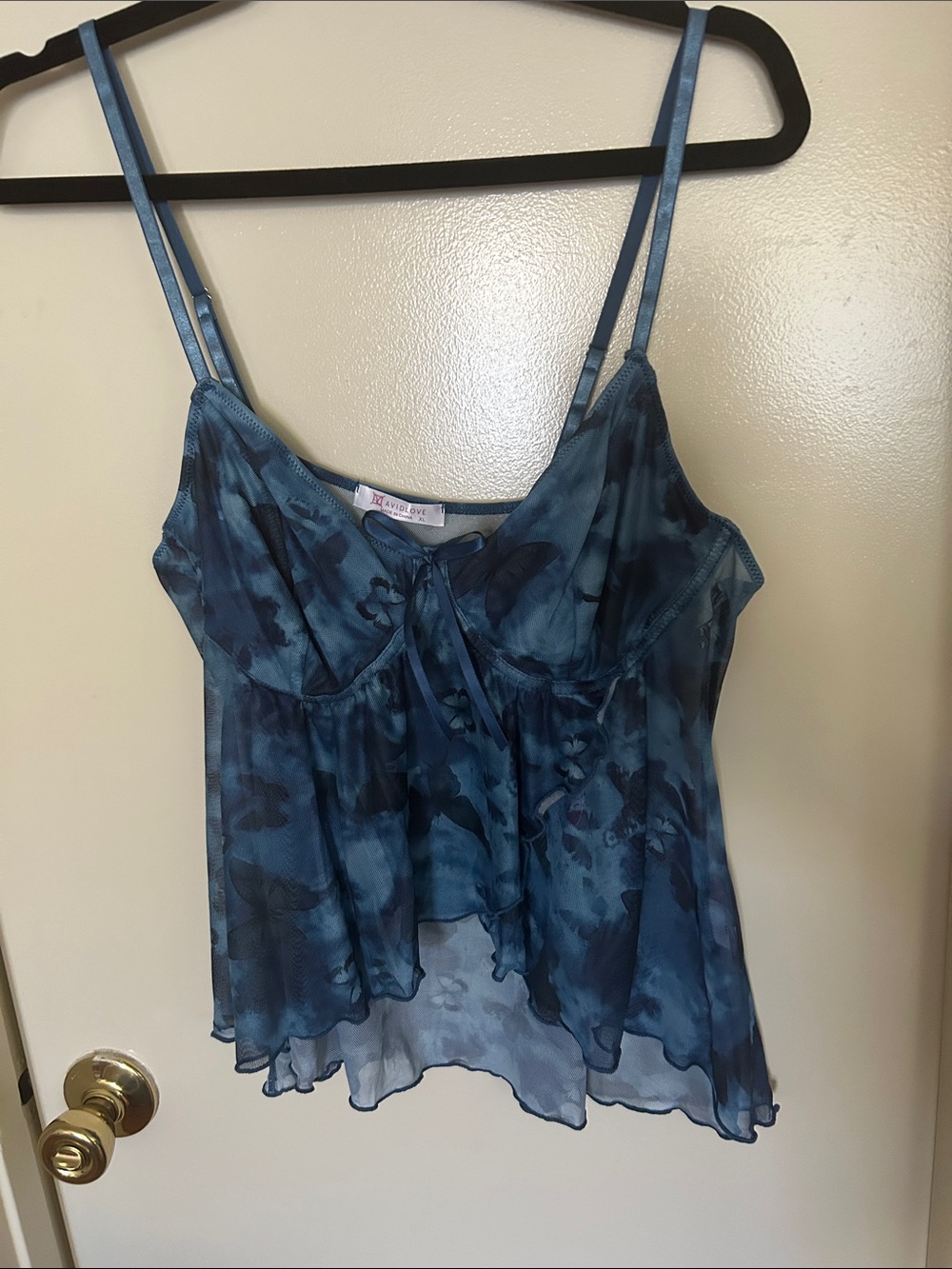 Sheer Blue Floral Camisole with Tie-Front and Adjustable Straps